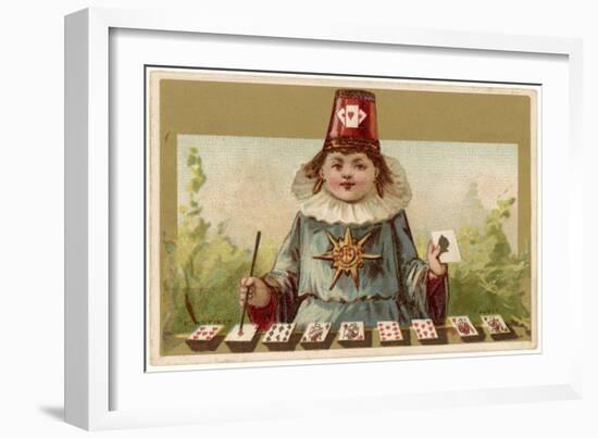 Boy Performs Stage Magic with Cards-null-Framed Art Print