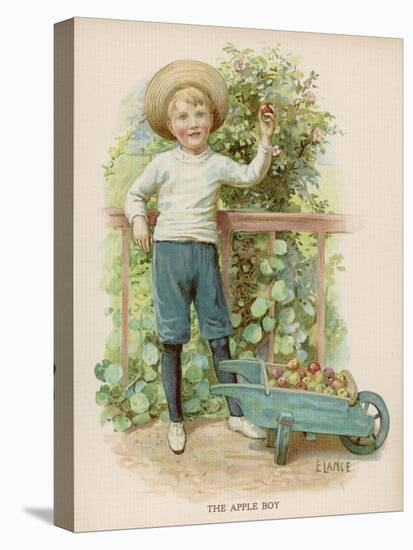 Boy Picks Apples from a Conveniently Low-Hanging Tree Filling a Wheelbarrow-E. Lance-Stretched Canvas