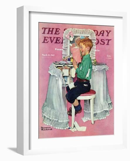 "Boy Reading his Sister's Diary" Saturday Evening Post Cover, March 21,1942-Norman Rockwell-Framed Giclee Print