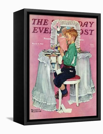 "Boy Reading his Sister's Diary" Saturday Evening Post Cover, March 21,1942-Norman Rockwell-Framed Stretched Canvas