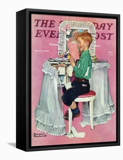 "Boy Reading his Sister's Diary" Saturday Evening Post Cover, March 21,1942-Norman Rockwell-Framed Stretched Canvas