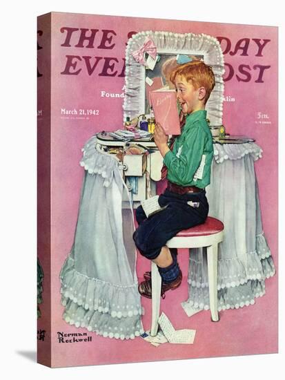 "Boy Reading his Sister's Diary" Saturday Evening Post Cover, March 21,1942-Norman Rockwell-Stretched Canvas