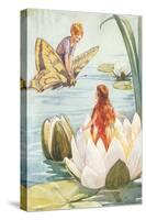 Boy Riding Butterfly and Girl in Water Lily-null-Stretched Canvas