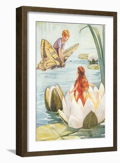 Boy Riding Butterfly and Girl in Water Lily-null-Framed Art Print