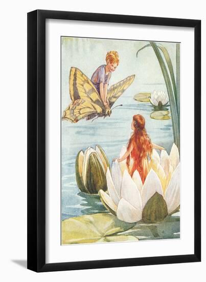 Boy Riding Butterfly and Girl in Water Lily-null-Framed Art Print