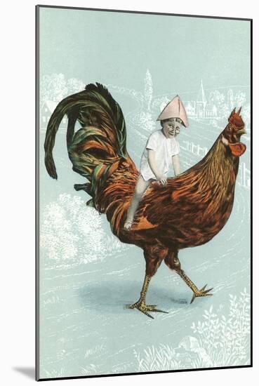 Boy Riding Giant Rooster-null-Mounted Art Print