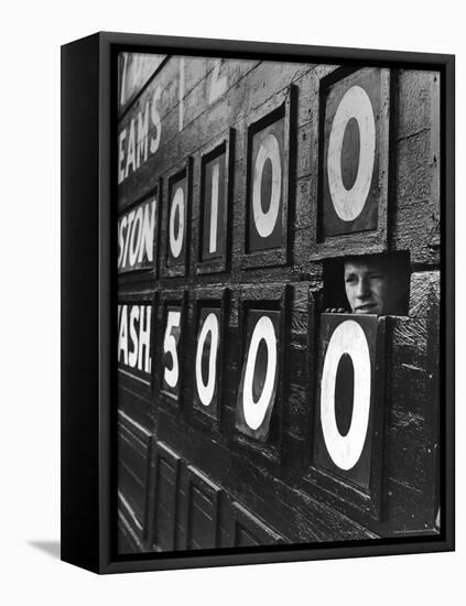 Boy Running Scoreboard at Griffith Stadium During the Baseball Game-Hank Walker-Framed Stretched Canvas