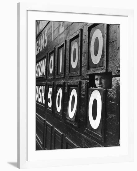 Boy Running Scoreboard at Griffith Stadium During the Baseball Game-Hank Walker-Framed Photographic Print