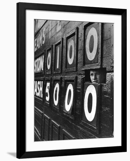 Boy Running Scoreboard at Griffith Stadium During the Baseball Game-Hank Walker-Framed Photographic Print