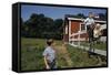 Boy Sitting on Fence Waving to Friend-William P. Gottlieb-Framed Stretched Canvas