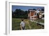 Boy Sitting on Fence Waving to Friend-William P. Gottlieb-Framed Photographic Print