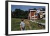 Boy Sitting on Fence Waving to Friend-William P. Gottlieb-Framed Photographic Print