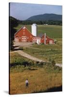 Boy Standing in Field Near Red Barn-William P. Gottlieb-Stretched Canvas