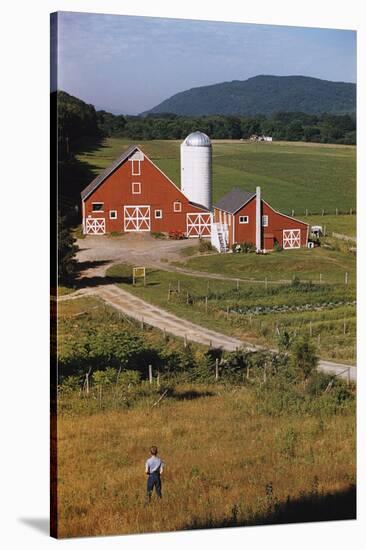 Boy Standing in Field Near Red Barn-William P. Gottlieb-Stretched Canvas