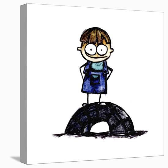 Boy Standing on a Tire-null-Stretched Canvas