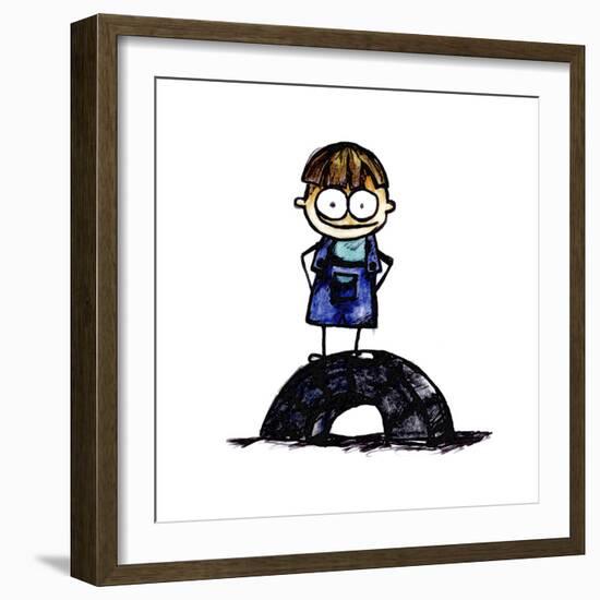 Boy Standing on a Tire-null-Framed Giclee Print