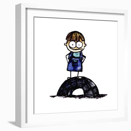 Boy Standing on a Tire-null-Framed Giclee Print