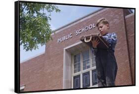 Boy Standing Outside School-William P. Gottlieb-Framed Stretched Canvas