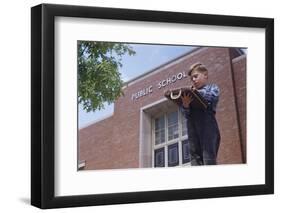 Boy Standing Outside School-William P. Gottlieb-Framed Photographic Print