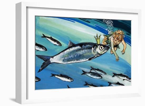 Boy Swimming with a Fish, Illustration from 'The Water Babies' by Charles Kingsley-Jesus Blasco-Framed Giclee Print