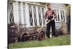 Boy Unhappily Mowing Lawn-William P. Gottlieb-Stretched Canvas