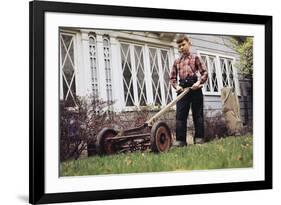 Boy Unhappily Mowing Lawn-William P. Gottlieb-Framed Photographic Print