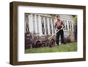 Boy Unhappily Mowing Lawn-William P. Gottlieb-Framed Photographic Print