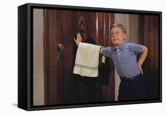 Boy Waiting to Enter Bathroom-William P. Gottlieb-Framed Stretched Canvas