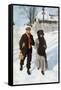 Boy Walking a Girl to School on a Winter Morning, Early 1900s-null-Framed Stretched Canvas