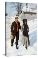 Boy Walking a Girl to School on a Winter Morning, Early 1900s-null-Stretched Canvas