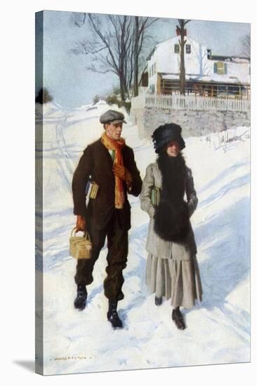 Boy Walking a Girl to School on a Winter Morning, Early 1900s-null-Stretched Canvas