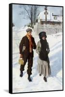 Boy Walking a Girl to School on a Winter Morning, Early 1900s-null-Framed Stretched Canvas