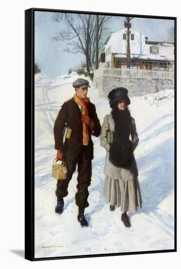 Boy Walking a Girl to School on a Winter Morning, Early 1900s-null-Framed Stretched Canvas