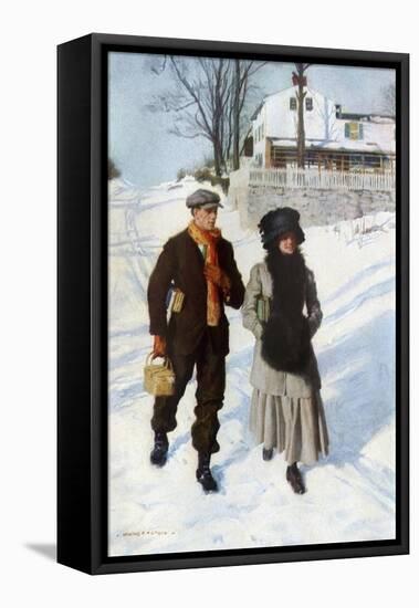 Boy Walking a Girl to School on a Winter Morning, Early 1900s-null-Framed Stretched Canvas