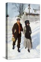 Boy Walking a Girl to School on a Winter Morning, Early 1900s-null-Stretched Canvas