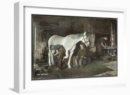 Boy Watches as a Blacksmith Shoes a Horse-null-Framed Art Print