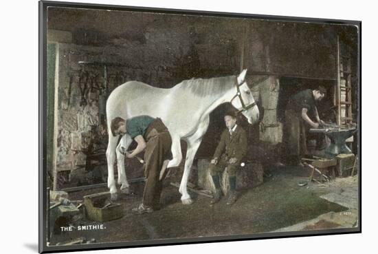 Boy Watches as a Blacksmith Shoes a Horse-null-Mounted Art Print