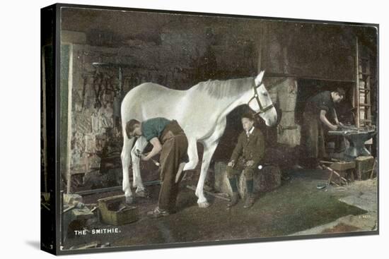 Boy Watches as a Blacksmith Shoes a Horse-null-Stretched Canvas