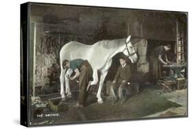 Boy Watches as a Blacksmith Shoes a Horse-null-Stretched Canvas