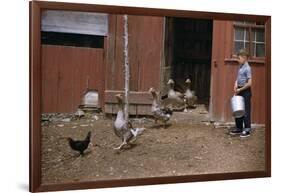 Boy Watching Geese Leave Barn-William P. Gottlieb-Framed Photographic Print