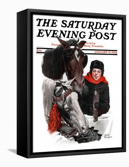 "Boy Watering Horses," Saturday Evening Post Cover, January 12, 1924-Leslie Thrasher-Framed Stretched Canvas