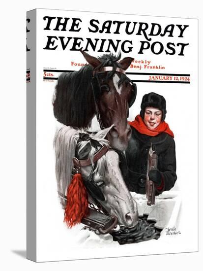 "Boy Watering Horses," Saturday Evening Post Cover, January 12, 1924-Leslie Thrasher-Stretched Canvas