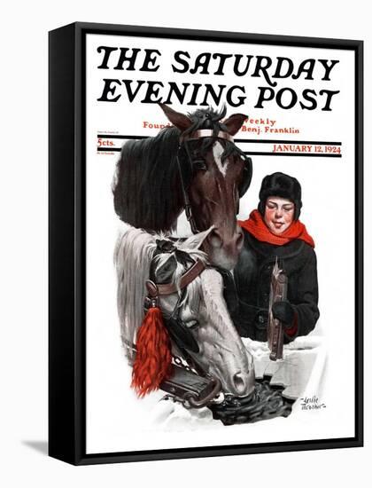 "Boy Watering Horses," Saturday Evening Post Cover, January 12, 1924-Leslie Thrasher-Framed Stretched Canvas