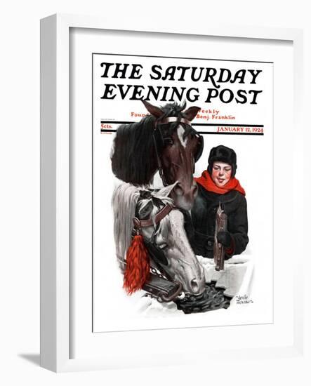 "Boy Watering Horses," Saturday Evening Post Cover, January 12, 1924-Leslie Thrasher-Framed Giclee Print