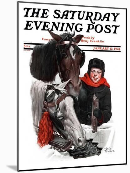 "Boy Watering Horses," Saturday Evening Post Cover, January 12, 1924-Leslie Thrasher-Mounted Giclee Print