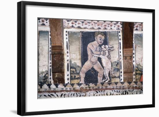 Boy with Animal, Detail from Painting in Coffered Ceiling in One of Rooms of Grinzane Cavour Castle-null-Framed Giclee Print