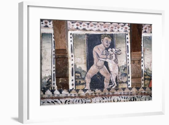 Boy with Animal, Detail from Painting in Coffered Ceiling in One of Rooms of Grinzane Cavour Castle-null-Framed Giclee Print