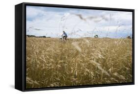 Boy with Bicycle in Grain Field-Ralf Gerard-Framed Stretched Canvas