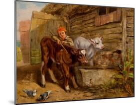 Boy with Calves and Trough-Henry Dawson-Mounted Giclee Print