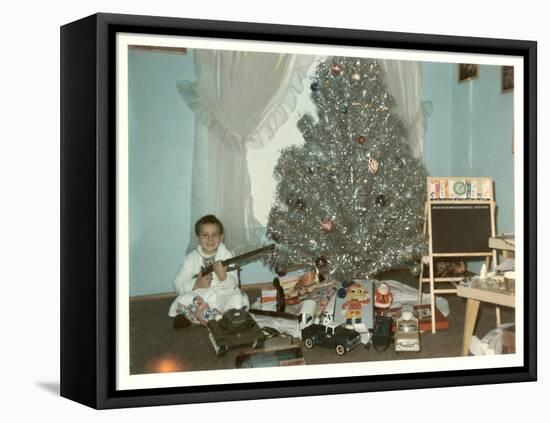 Boy with Gun and Fake Christmas Tree-null-Framed Stretched Canvas